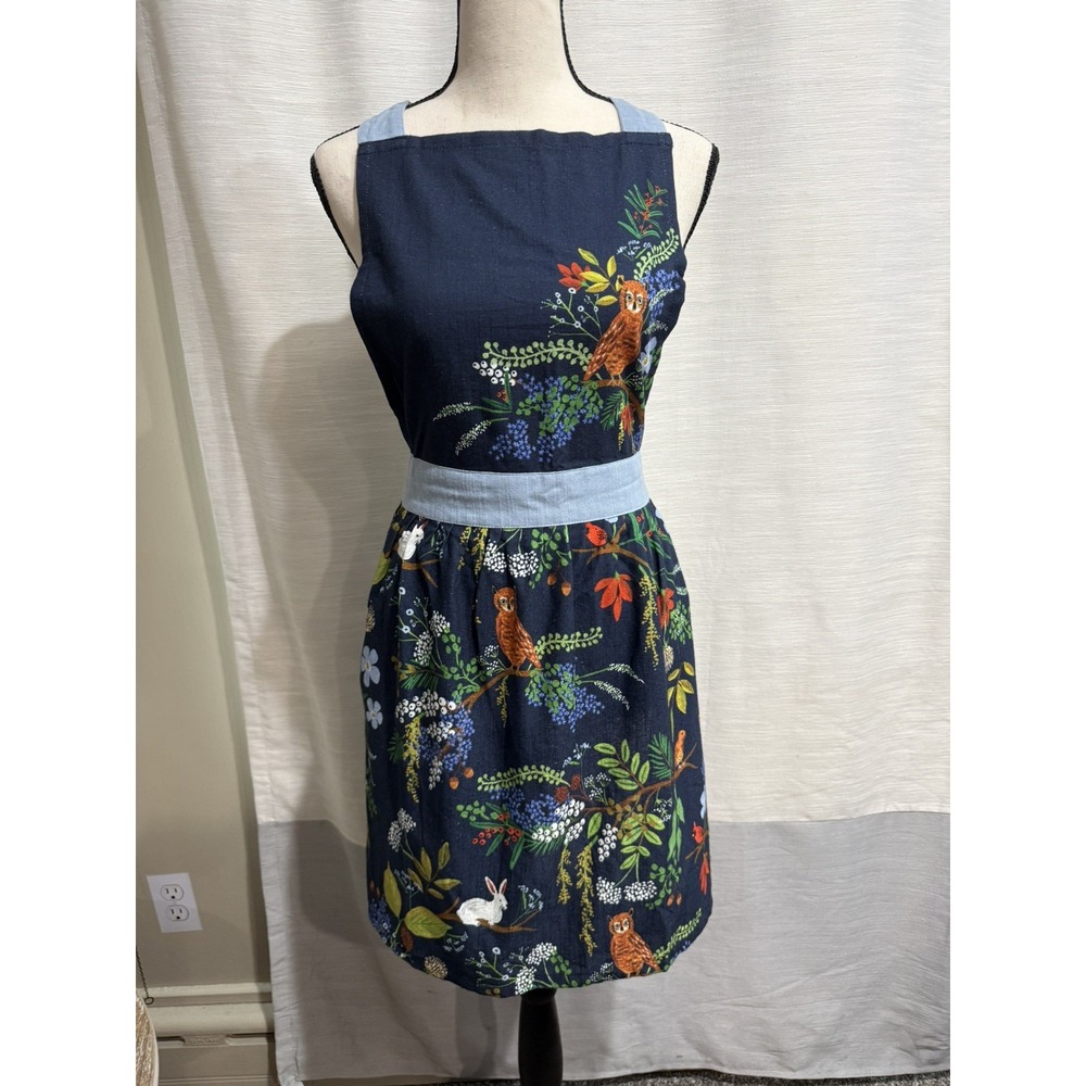 Anthropologie RIFLE PAPER CO Apron 100% Cotton Winter Floral Pockets Viral Blue